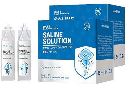 BASE LABORATORIES 0.9% Saline Solution Vials - Versatile 0.9% Sodium Chloride Saline Ampoules - Preservative Free Saline Solution Single use vials - UPS Grade 50 Vials x 5ml Count