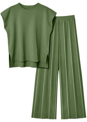Veriliss Two Piece Outfits for Women Co Ord Sets Knited Sweater Set Tracksuit Pullover Tops Elastic Waisted Pants Lounge Wear(Green,M)