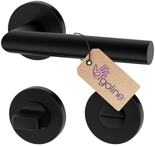 ERGO line LUCA Poignée de porte d'intérieur, noire, pour les portes de salle de bains, paire de poignées de porte sur rosaces rondes, noire mate, garnitures de porte, poignée