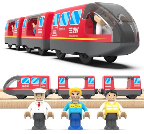 LiRiQi Eisenbahn elektrische lok Holzeisenbahn Zug Kinder, Batteriebetriebener Lokomotivzug, Motorzug kompatibel mit Thomas Brio, Geschenk Spielzeug für Junge Mädchen ab 3 Jahren, Rot