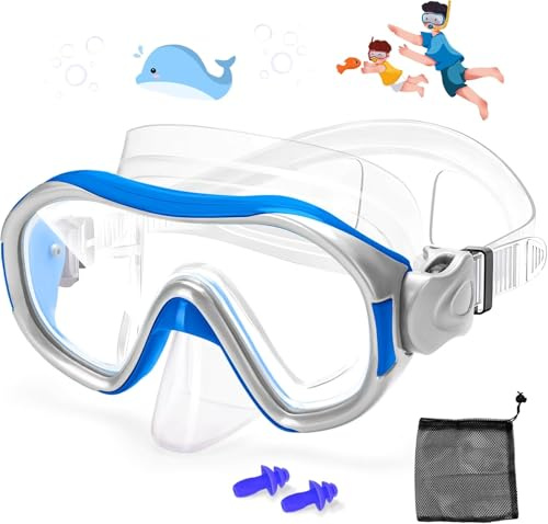 Kids Swim Goggles, Swimming Goggles with Nose Cover for Children Teens (4-12), 180 Degree HD Tempered Glass Diving Mask with Earplugs + Storage Net Bag (Blue)