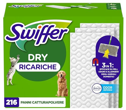 Swiffer Panni Cattura Polvere, 216 Panni Microfibra Dry, Cattura Polvere e Sporco, Ottimo per Tutti i Tipi di Pavimenti e per i Peli di Animali, Giga Formato