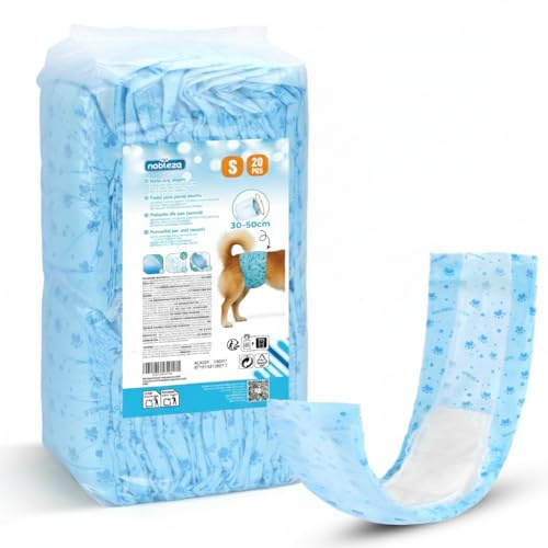 Nobleza 20 Unidades Pañales Perro Macho Desechables Talla S (20-40cm) - Antifugas 360° con Núcleo de Gel - Fajas para Incontinencia y Marcado - Cierres Ajustables Sin Tirones
