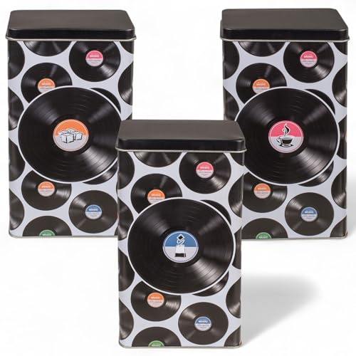 MIJOMA Juego de 3 latas de metal retro con tapa, diseño vintage, para café, té, azúcar, lata de café, té, azucarero, 19 x 11 cm (blanco con diseño de discos)