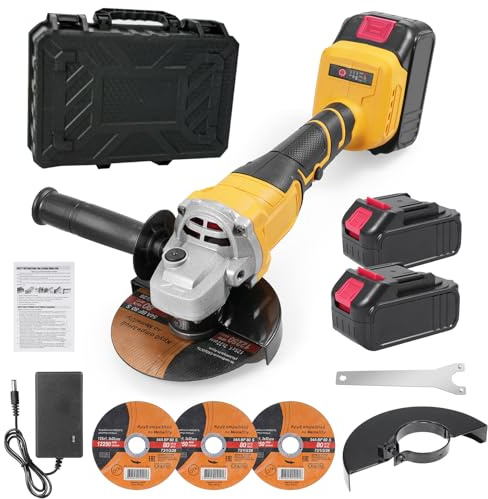 Amoladora angular Vislone de 21 V y 125 mm, motor sin escobillas, herramienta eléctrica multifuncional con 3 discos de corte de 5 pulgadas y 2 baterías de litio.