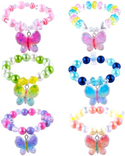 Kids Butterfly Pendant Bracelet Set Fairy Princess Themed Charm Bracelets for Girls 6PCS Cute Elastic Stretch Beaded Bracelets with Glitter Butterfly Charms Perfect for Party Favors & Pretend Play