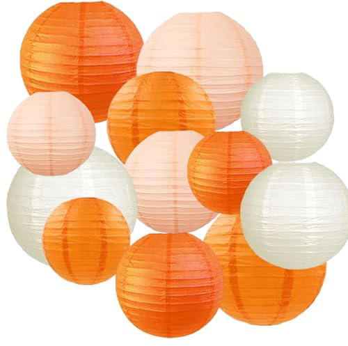 12pcs Fall Paper Lanterns Decoration,Orange Peach and Cream Paper Lanterns,Hanging Paper Lanterns for Autumn Harvest Woodland Thanksgiving Firefighter Party Decoration