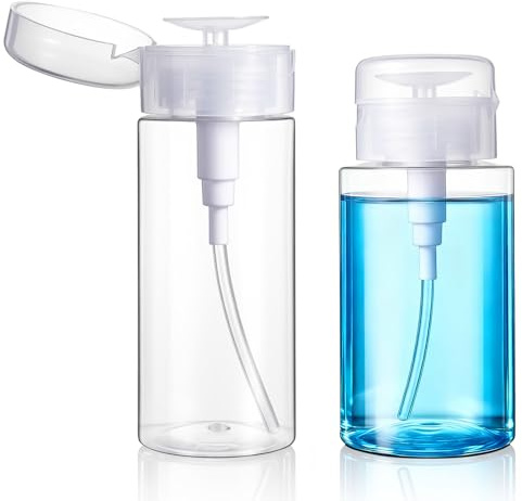 Grevosea 2 Pack Push Down Pump Dispenser, Empty Push Top Bottles Pump Bottle Dispenser for Nail Polish Makeup Remover Alcohol Toner with DIY Labels 5.1oz/150ML+6.7oz/200ML