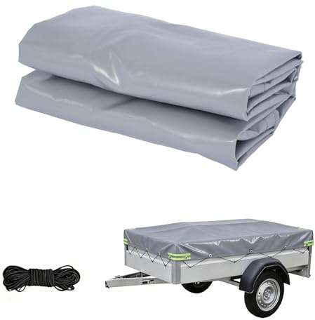 Telone per rimorchio su misura, 140 x 115 x 10 cm, extra forte 500 g/m², in PVC, impermeabile e antistrappo, grigio, con 4 strisce riflettenti, occhielli in alluminio e corda di espansione da 6 mm