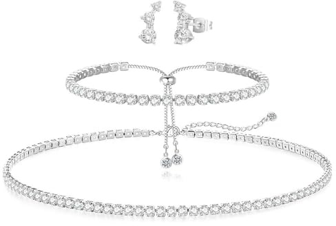 XFSRG Set di Collane da Tennis da Donna Braccialetti Orecchini Collana 14k con Zirconi Gioielli in Argento per Sposa Cerimonie Eventi Lusso e Regalo Raffinato