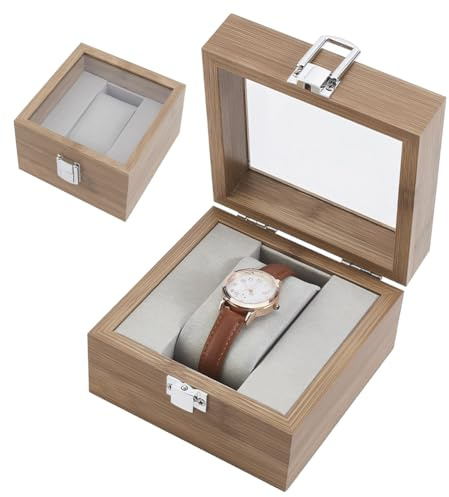 AHANDMAKER Single Watch Display Case, Wooden Watch Box Organizer with Clear Glass Window and Velvet Pillow Jewelry Storage Holder for Men and Women Home Travel Birthday Gifts, Camel