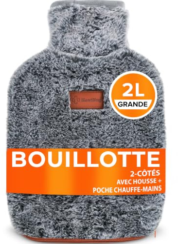 Bouillotte Avec Housse 2L – Bouillotte Adulte Pour Soulager Les Douleurs Des Règles, Endométriose, Crampes, Ultra Douce Fausse Fourrure, Double Face, Poches Mains, Caoutchouc Épais Anti-Fuite
