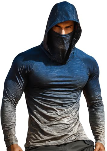 UPF 50+ Men's Hoodies Uv/Sun Protection Fishing Shirts Long Sleeve Muscle Fit Hooded Shirt Built-in Mask Quick Dry Breathable Casual Summer Lightweight Running Hunting Summer Tops Royal Blue XL