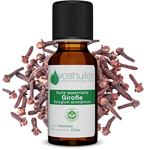VOSHUILES - Huile Essentielle de Girofle 60ml - 100% Pure et Naturelle HEBBD - Parfum Chaud et Épicé - à Diluer dans Huile Végétale pour Massage - Huile Essentielle de Qualité