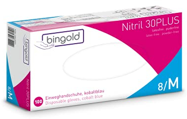 BINGOLD Nitrilhandschuhe 30PLUS in kobaltblau | 100 Stück Einmalhandschuhe in der Größe M | Puderfreie Untersuchungshandschuhe ohne Latex | Wegwerf Handschuhe Nitril | Hypoallergen & Medizinisch