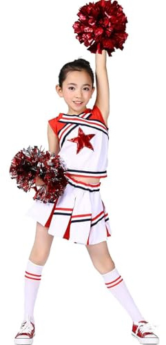LOLANTA Mädchen Karneval Kostüm, Cheerleader kleid mit Pompoms und Socken, Mittelschule Cheerleading Uniform, Rot, 8-9 Jahre, 140