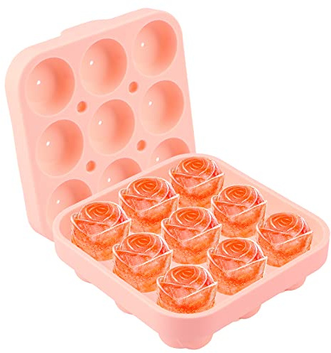 AKONE Silikonform, 9 Hål, Återanvändbara Rosor Isbitar med Lock, BPA-fri, Kula Isform Alkoholform Cocktails Whisky (Rosa)