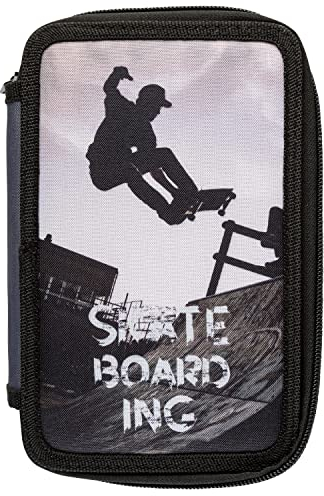 Idena 20117 - Schüleretui Triple mit 3 Reißverschluss-Fächern und mit 47 Teilen befüllt, Design Skateboard, Federmappe mit Buntstiften, Lineal und weiterem Zubehör für die Schule