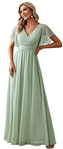 Ever-Pretty Damen Cocktailkleider Gürtel Lang A-Linie Empire Kurze Ärmel V-Ausschnitt Chiffon Minzgrün 44EU
