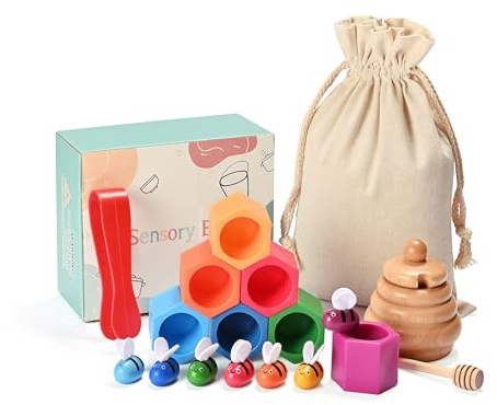 MONT PLEASANT Sorting Stacking Wooden Sensory Bin Tools for Toddlers, Bee Hive Toy, Montessori Educational Gift for 3-5 Years Old, Fine Motor Skill Learning Toys