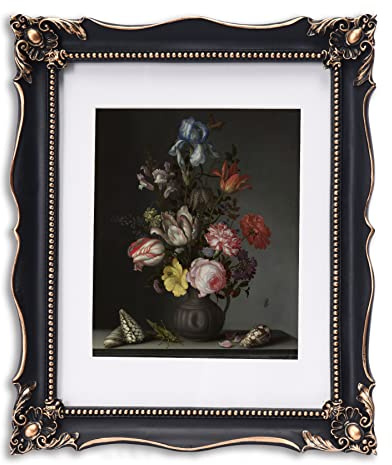 Saysmile 11x14 Vintage Picture Frame with Embossed Flower Design, Black Ornate Frame for 11x14 or 8x10 Pictures with White Mat, Home Decor (Black, 8x10)
