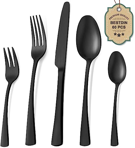 Bestdin Bestickset 60 st, mattsvart bestickset för 12 personer, spegelpolerat rostfritt stålbestick, knivset, gaffel, sked, diskmaskinssäker