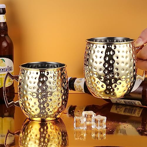 Faizee Möbel | Moscow Mule Becher Gold 500 ml – Kupferbecher, ideale Moskau Mule Kupfertassen & Cocktailgläser für Ginger Beer, Ginger Ale, Sodawasser und mehr