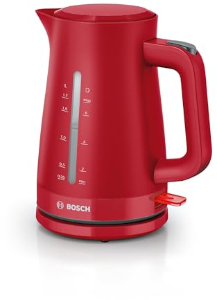 Bosch kabelloser Wasserkocher MyMoment TWK3M124, Abschaltautomatik, Überhitzungsschutz, Tassenanzeige, beidseitige Wasserstandsanzeige, entnehmbarer Kalkfilter, 1,7 L, 2400 W, Rot matt