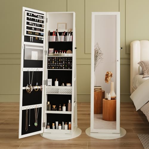 Dripex Schmuckschrank mit Spiegel, Standspiegel stehend, Schmuck Spiegelschrank mit Ganzkörperspiegel und Innenspiegel, Schmuck Organizer mit Ablagen 3 in 1, 360° drehbar, abschließbar, weiß