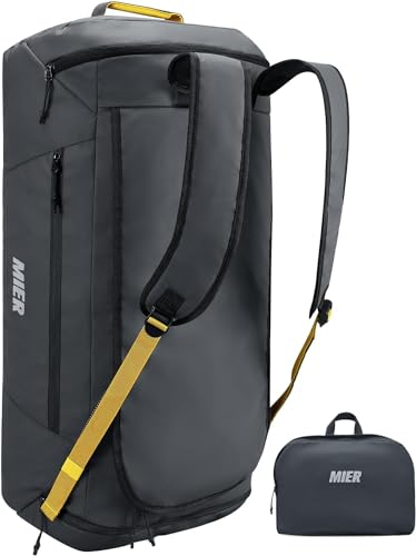 MIER Sporttasche Herren wasserdichte faltbar Reisetasche großer Sporttasche mit Schuhfach Leichter abriebfester Reiserucksack für Fussball, Wochenender, Reisen, Wandern Damen 60L (Grau)