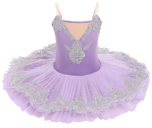 Girls Tutu Ballet Sequins Dress Ballerina Costume Dance Clothing Performance Floral Embroidery Skirt Dancewear Purple 140