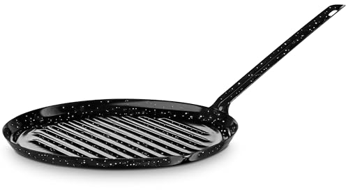 briebe Grill Asador Inducción Rayas 22 cm Acero Esmaltado, Sartén Parrilla Redonda, Apto para Vitrocerámica, Fuego, Gas, Horno, Levante Negro Jaspeado
