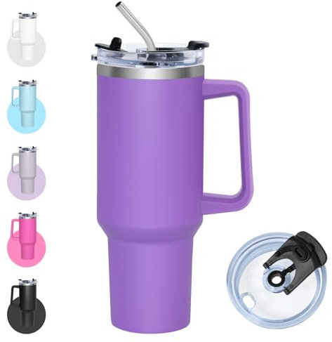 Zyntrix Mug Isotherme avec Paille, 1200ml Gourde Isotherme avec Couvercle Multifonction, Tasse en Acier Inoxydable, Gobelet Café à Emporter avec Poignée, Thermo Tumbler (Violet foncé)