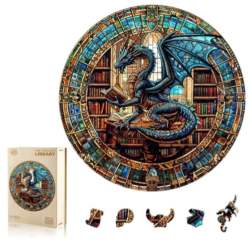 WOODBESTS Wooden Puzzles for Adults (300 Piece, L, 13.4x13.4) Dragon's Library Wood Puzzle Adult, Unique Wooden Animal Jigsaw Puzzles, Family Game and Birthday Gifts for Friend