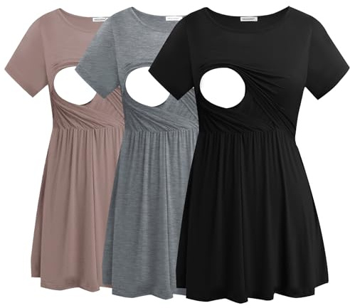 Smallshow Mujer Camiseta Lactancia Manga Corta T Shirt Premama Embarazada 3 Pack,Black-Brown-Light Grey,M