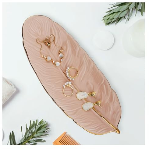 YoHyien Coupelle Bijoux en Céramique, Décoratif Plateau Bijoux, Plateau a Bijoux en Forme de Plume, Decorative Bowl Jewellery, Vide Poche Entree pour Anneaux, Colliers, Bracelets (Rose)