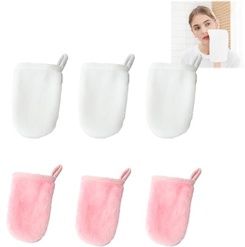 Jimkply 6 Stück Frottee Waschhandschuhe, Waschlappen Weiß Rosa, Wiederverwendbare Waschhandschuhe, Gesicht Reinigungshandschuhe, Umweltfreundliche Handschuhe 11 x 9 cm