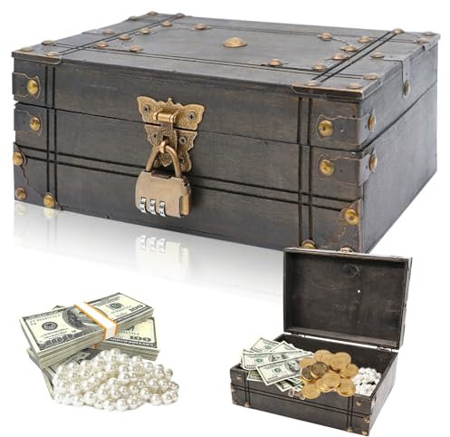 Forbabe Baule del tesoro in legno, vintage, grande scrigno del tesoro con lucchetto a combinazione, in legno con coperchio, per conservare e decorare regali (23,5 x 16 x 9 cm, grigio)