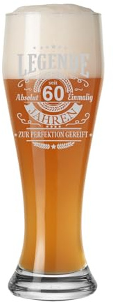 LUXENTU Bicchiere da birra con motivo inciso, 0,5 l, per un anniversario e occasioni speciali, bicchiere da birra bianco con incisione laser, lavabile in lavastoviglie, leggende da 60 anni