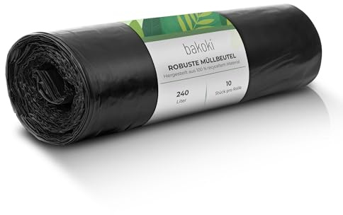 Bakoki Bolsas de basura de 240 l, extremadamente resistentes, extrafuertes, ideales para el hogar, el jardín y la empresa, rollo de 10 unidades, bolsas de basura resistentes para renovación y residuos