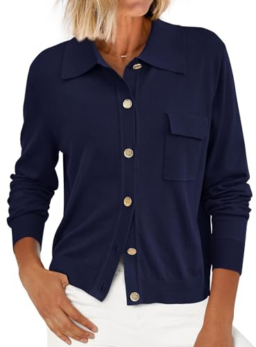 PRETTYGARDEN Women's 2026 Spring Long Sleeve Knitted Button Down Shirts Light Collar Cardigan for Women Dressy Casual Tops (Navy, Medium)