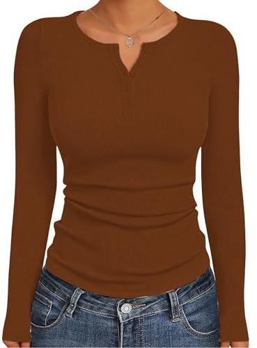GLEENOD Tröja Dam Ribbad Henley Knappar Lång och Kort Ärm Basic