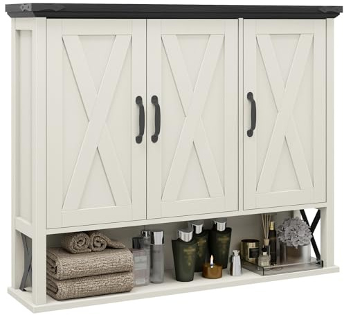 Halitaa Bathroom Wall Cabinet, Farmhouse Medicine Cabinet with Adjustable Wood Shelf & 3 Doors, Over The Toilet Storage Cabinet for Wall Mounted for Bathroom Laundry Room Kitchen, White and Black