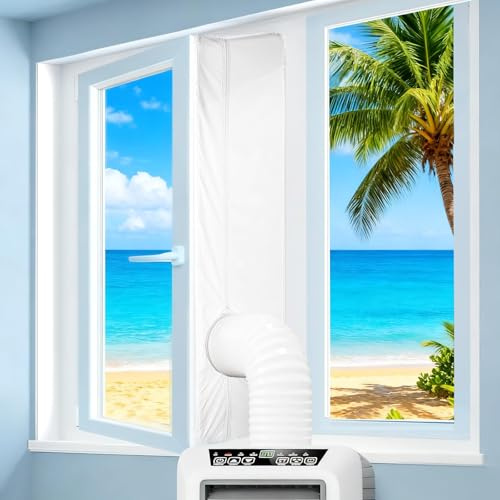 Hoypeyfiy Kit de sellado de ventana de aire acondicionado portátil, 158 iInch Anti-Mosquitos, impermeable, resistente al viento, kit universal de sellado de ventana de CA, equipado con doble