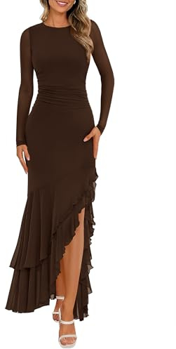 BTFBM Women's Maxi Dresses Spring 2026 Long Sleeve Ruched Bodycon Solid Ruffle Mermaid Cocktail Wedding Guest Dress(Coffee,Small)