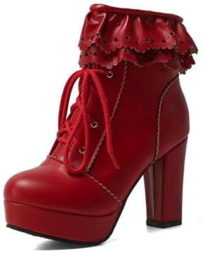 KUHAOFEU Zapatos De Lolita Fiesta para Las Mujeres Tacones Altos Gruesos Botines con Cordones PU Cierre Relámpago Botas Cortas Plataforma,Rojo,38 EU