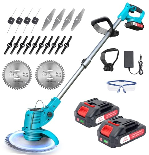 Desbrozadora Bateria 200W, Desbrozadoras con 2 x 1500 mAh Baterías, Desbrozadora Electrica con 4 Tipos de Cuchillas, Cortadora de Césped Inalámbrica, 9 000 RPM y Motor, Mango Telescópico 71-106 cm