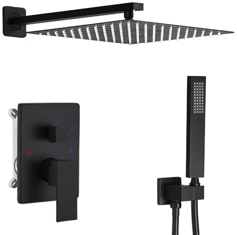 JingGang Matte Black Shower System 10 Inch Bathroom Luxury Rain Mixer Shower Combo Set Wall Mounted Rainfall Shower Head and Handheld System Shower Faucet Rough-in Valve Body and Trim Kit
