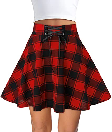 FEOYA Jupe Courte à Carreaux Femme Fille Jupe Ecossaise Taille Haute Gothique Jupes Tartan Évasée Plissée Harajuku Patineuse Tennis Kilt Mini Écolière College Basique Vintage Rétro à Lacets A Rouge S