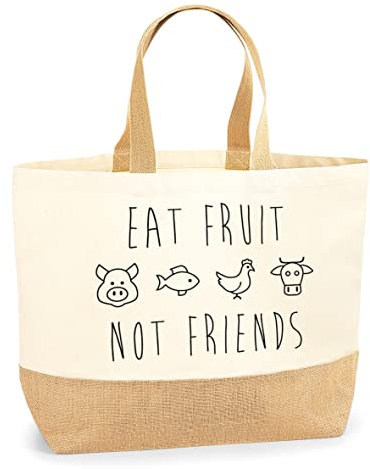 HotScamp Eat Fruit Not Friends - Jute CanvasTote Shopping Bag - Eco Shopper Shopping Bag Vegan Vegetarian Food Plant Based One size natural